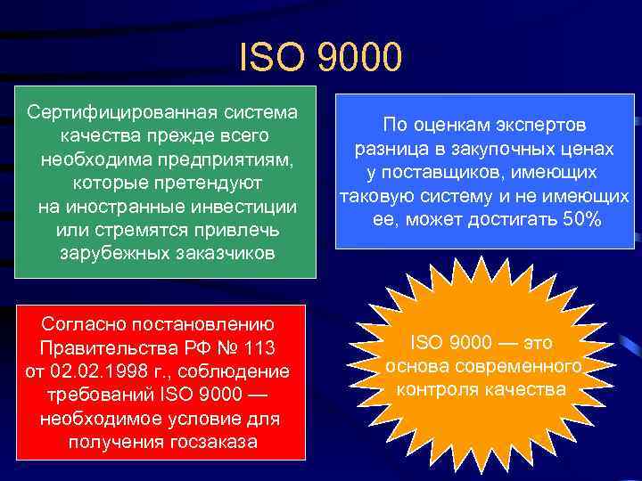 ISO 9000 Сертифицированная система качества прежде всего необходима предприятиям, которые претендуют на иностранные инвестиции