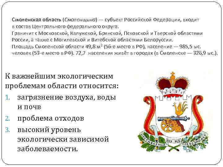 Смоленская область (Смоленщина) — субъект Российской Федерации, входит в состав Центрального федерального округа. Граничит