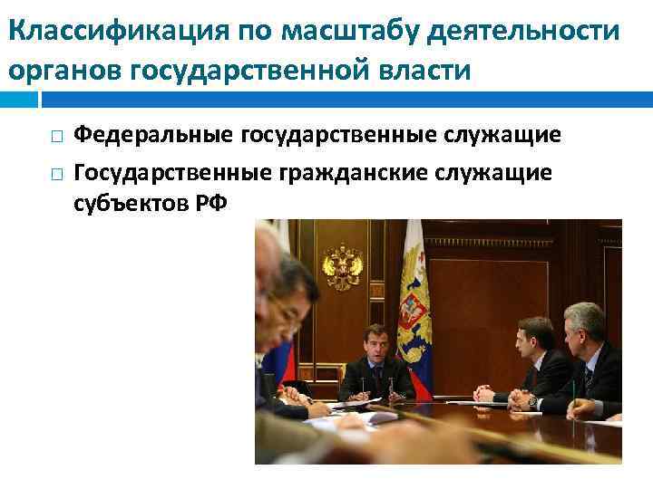 Классификация по масштабу деятельности органов государственной власти Федеральные государственные служащие Государственные гражданские служащие субъектов
