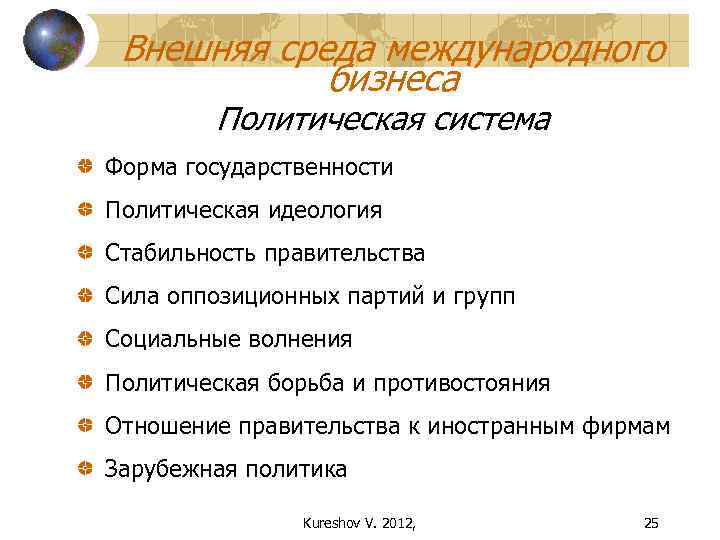 Внешняя среда международного бизнеса Политическая система Форма государственности Политическая идеология Стабильность правительства Сила оппозиционных