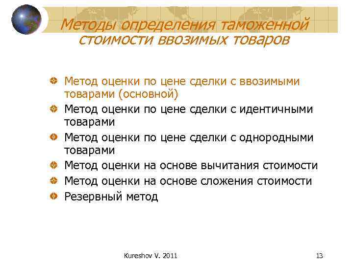 Методы определения таможенной стоимости ввозимых товаров Метод оценки по цене сделки с ввозимыми товарами