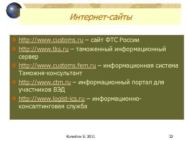 Интернет-сайты http: //www. customs. ru – сайт ФТС России http: //www. tks. ru –