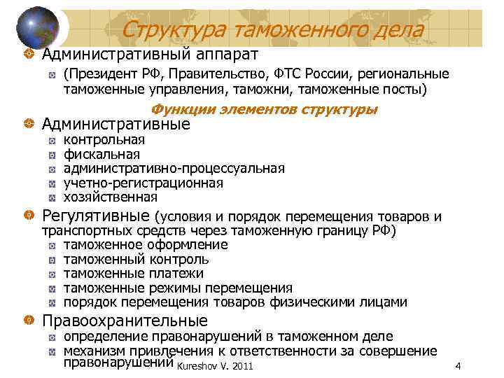 Структура таможенного дела Административный аппарат (Президент РФ, Правительство, ФТС России, региональные таможенные управления, таможни,