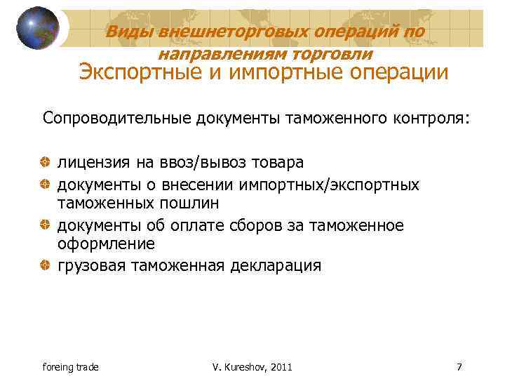 Виды внешнеторговых операций по направлениям торговли Экспортные и импортные операции Сопроводительные документы таможенного контроля: