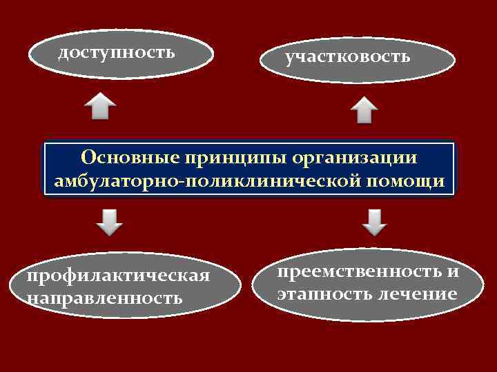 доступность участковость Основные принципы организации амбулаторно-поликлинической помощи профилактическая направленность преемственность и этапность лечение 
