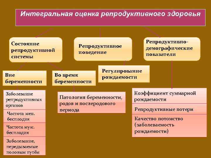 Интегральная оценка репродуктивного здоровья Состояние репродуктивной системы Вне беременности Заболевание репродуктивных органов Частота жен.