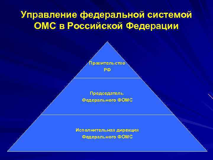 Управление федеральной системой ОМС в Российской Федерации Правительство РФ Председатель Федерального ФОМС Исполнительная дирекция