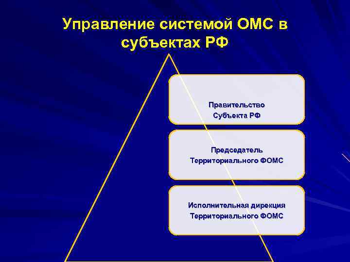Управление системой ОМС в субъектах РФ Правительство Субъекта РФ Председатель Территориального ФОМС Исполнительная дирекция