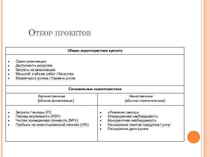 Масштаб проекта пример. Качественные характеристики проекта. Основные характеристики проекта. Сроки проекта. Отбор проектов.