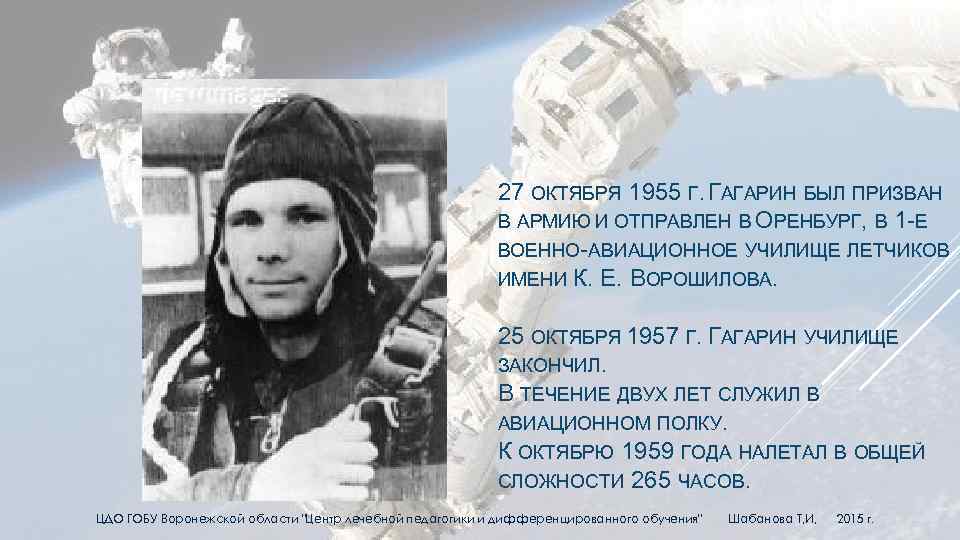 27 ОКТЯБРЯ 1955 Г. ГАГАРИН БЫЛ ПРИЗВАН В АРМИЮ И ОТПРАВЛЕН В ОРЕНБУРГ, В