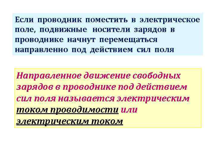 Если проводник поместить в электрическое поле, подвижные носители зарядов в проводнике начнут перемещаться направленно