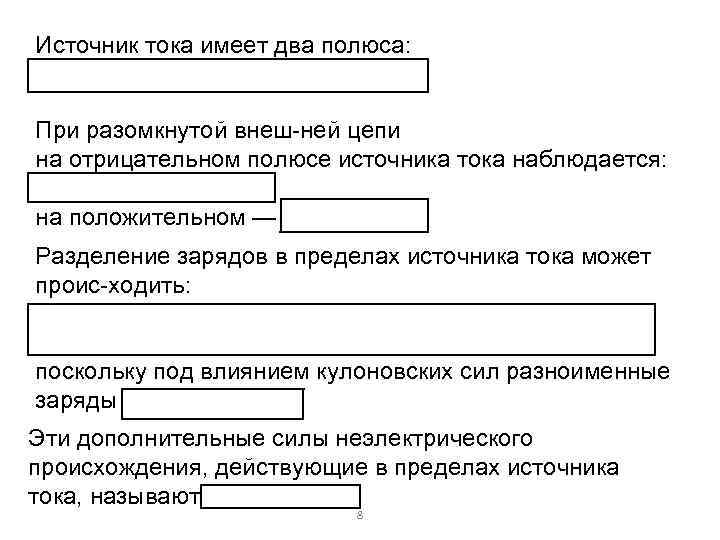 Источник тока имеет два полюса: При разомкнутой внеш ней цепи на отрицательном полюсе источника