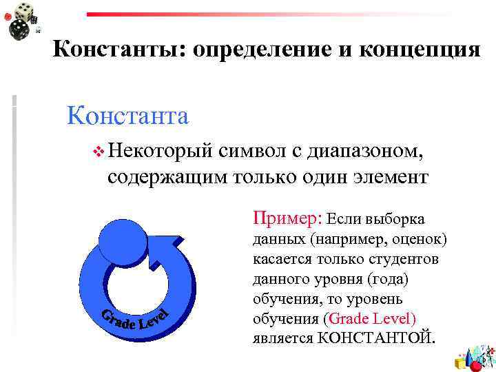 Константы: определение и концепция Константа v Некоторый символ с диапазоном, содержащим только один элемент