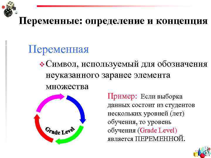 Переменные: определение и концепция Переменная v Символ, используемый для обозначения неуказанного заранее элемента множества