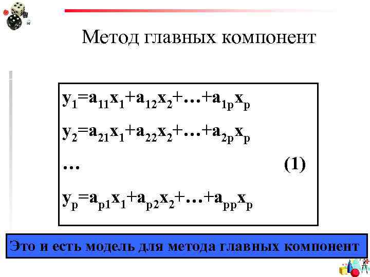 Метод главных компонент y 1=a 11 x 1+a 12 x 2+…+a 1 pxp y