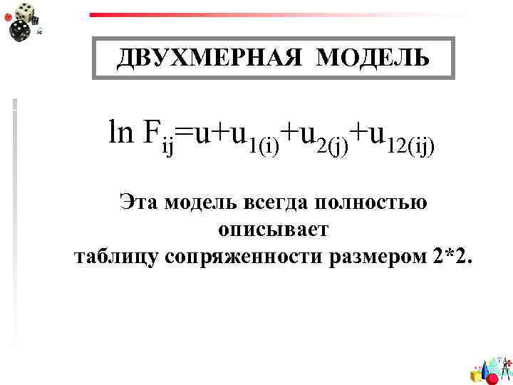ДВУХМЕРНАЯ МОДЕЛЬ ln Fij=u+u 1(i)+u 2(j)+u 12(ij) Эта модель всегда полностью описывает таблицу сопряженности