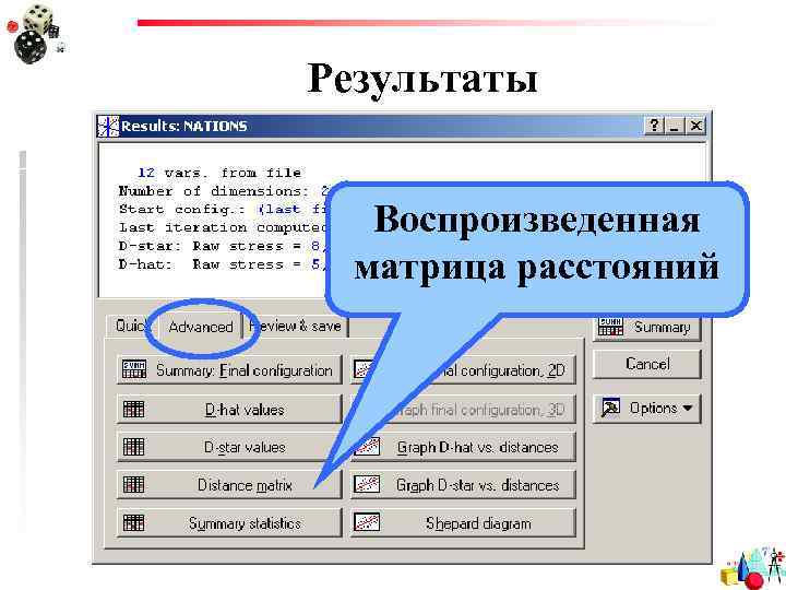 Результаты Воспроизведенная матрица расстояний 