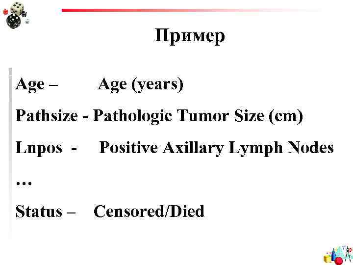 Пример Age – Age (years) Pathsize - Pathologic Tumor Size (cm) Lnpos - Positive