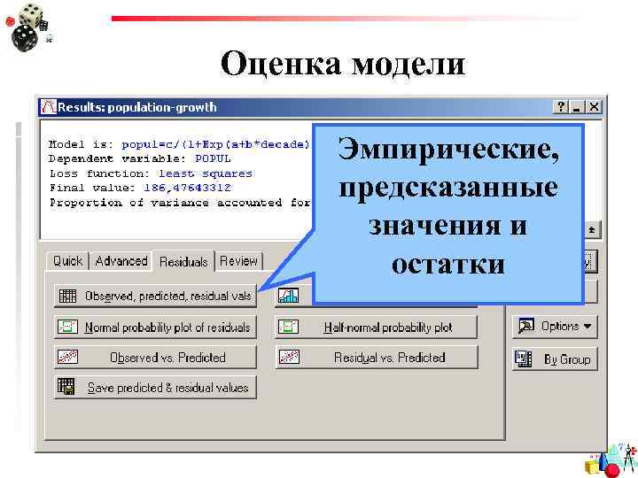 Оценка модели Эмпирические, предсказанные значения и остатки 