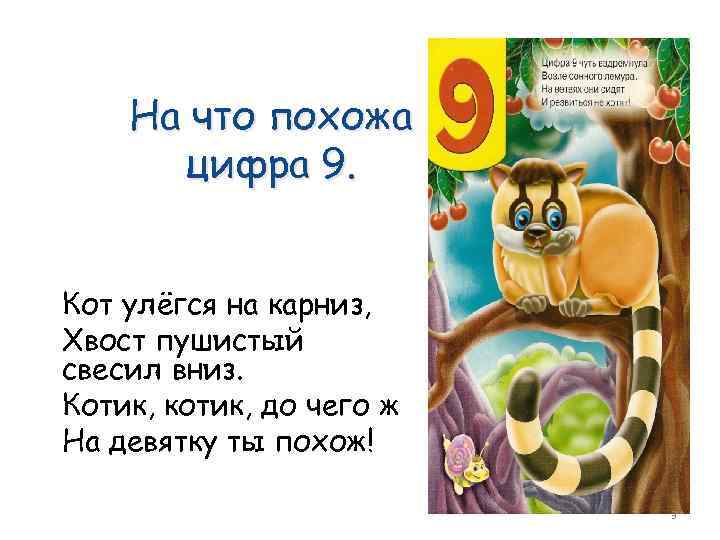 На что похожа цифра 9. Кот улёгся на карниз, Хвост пушистый свесил вниз. Котик,