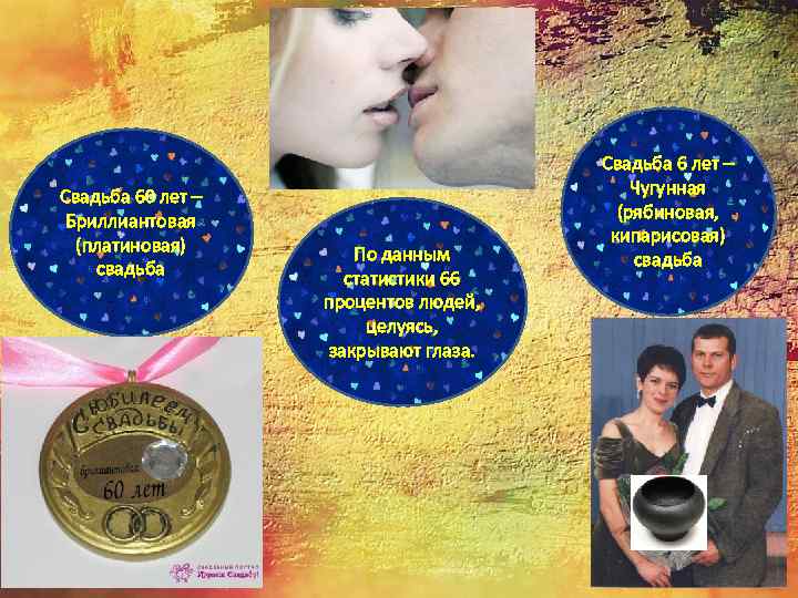 Свадьба 60 лет – Бриллиантовая (платиновая) свадьба По данным статистики 66 процентов людей, целуясь,