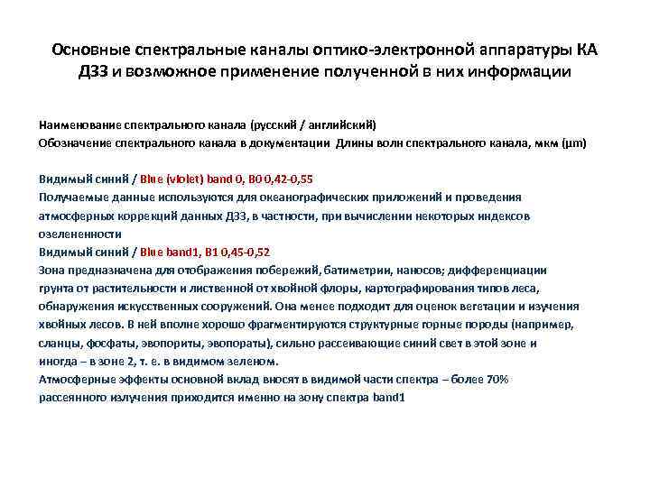 Основные спектральные каналы оптико-электронной аппаратуры КА ДЗЗ и возможное применение полученной в них информации