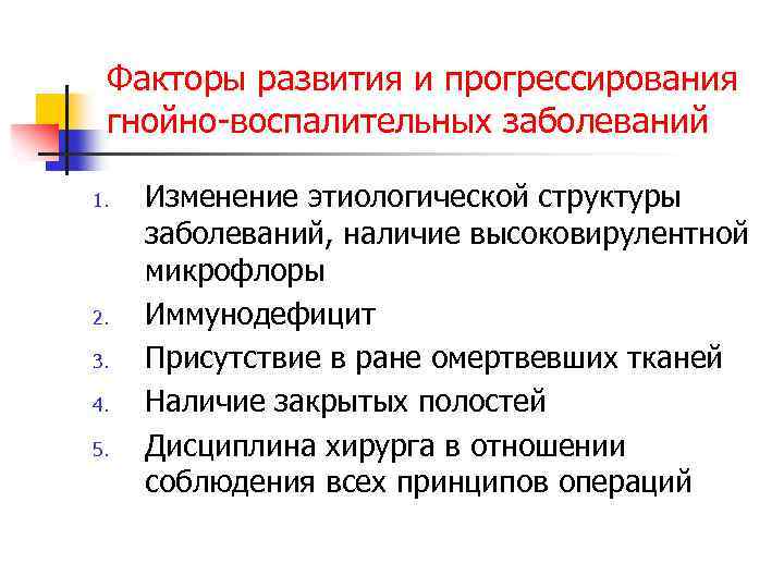 Факторы развития и прогрессирования гнойно-воспалительных заболеваний 1. 2. 3. 4. 5. Изменение этиологической структуры