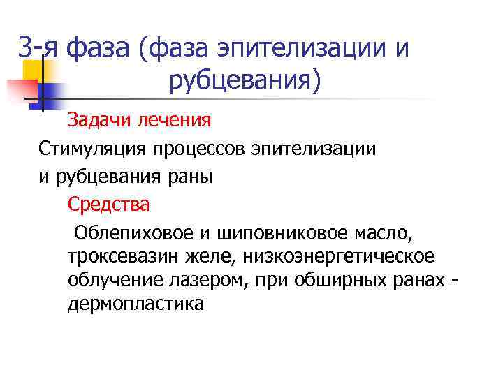 3 -я фаза (фаза эпителизации и рубцевания) Задачи лечения Стимуляция процессов эпителизации и рубцевания