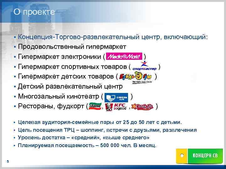 О проекте Концепция-Торгово-развлекательный центр, включающий: § Продовольственный гипермаркет § Гипермаркет электроники ( ) §