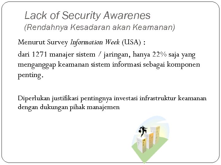 Lack of Security Awarenes (Rendahnya Kesadaran akan Keamanan) Menurut Survey Information Week (USA) :