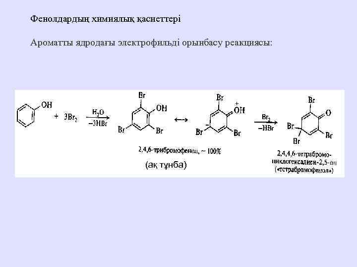 Фенолдардың химиялық қасиеттері Ароматты ядродағы электрофильді орынбасу реакциясы: (ақ тұнба) 