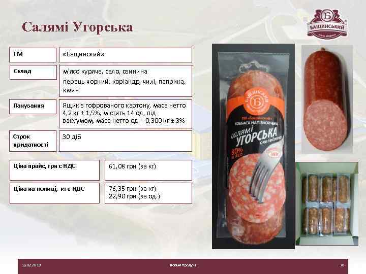 Салямі Угорська ТМ «Бащинский» Склад м'ясо куряче, сало, свинина перець чорний, коріандр, чилі, паприка,