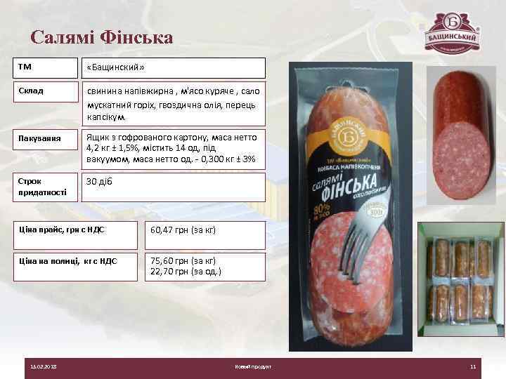 Салямі Фінська ТМ «Бащинский» Склад свинина напівжирна , м'ясо куряче , сало мускатний горіх,