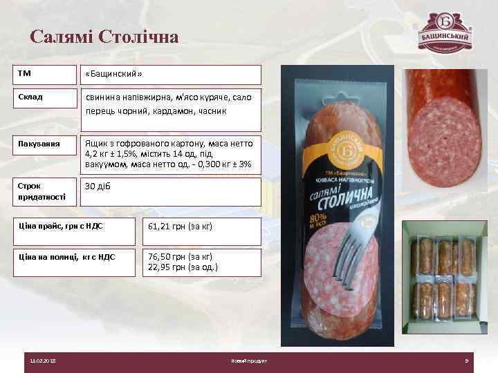 Салямі Столічна ТМ «Бащинский» Склад свинина напівжирна, м'ясо куряче, сало перець чорний, кардамон, часник