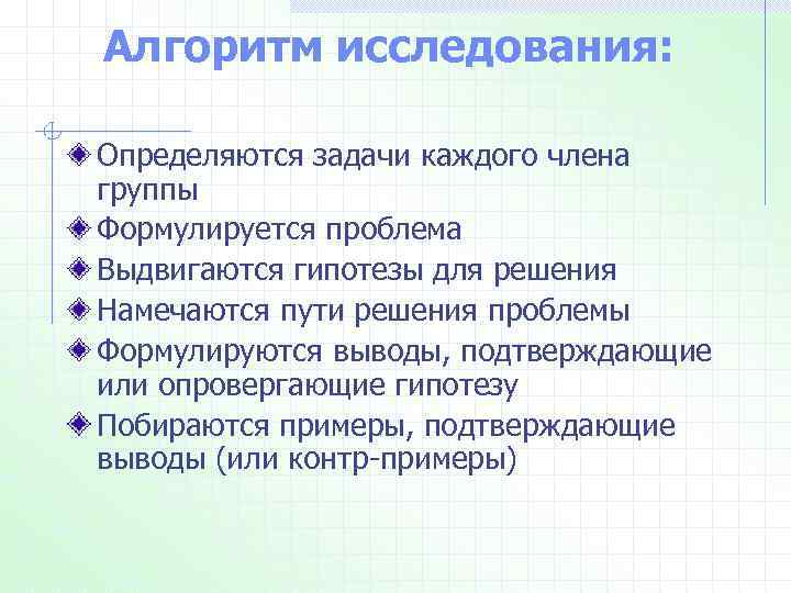 Алгоритм исследования: Определяются задачи каждого члена группы Формулируется проблема Выдвигаются гипотезы для решения Намечаются