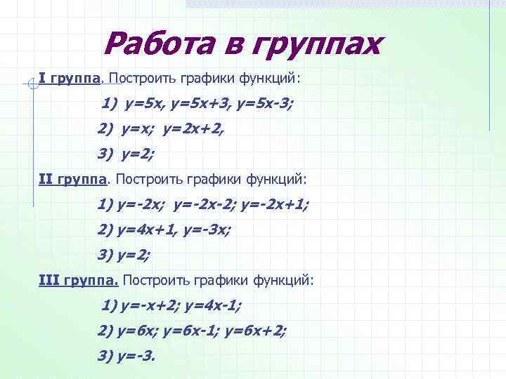 Работа в группах I группа. Построить графики функций: 1) у=5 х, у=5 х+3, у=5