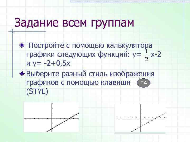 Задание всем группам Постройте с помощью калькулятора графики следующих функций: у= х-2 и у=