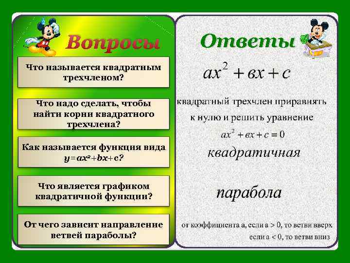 Вопросы Что называется квадратным трехчленом? Что надо сделать, чтобы найти корни квадратного трехчлена? Как