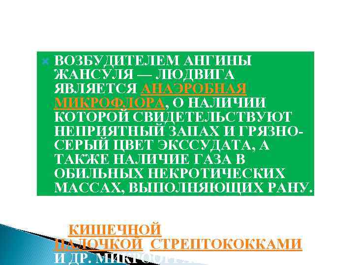  ВОЗБУДИТЕЛЕМ АНГИНЫ ЖАНСУЛЯ — ЛЮДВИГА ЯВЛЯЕТСЯ АНАЭРОБНАЯ МИКРОФЛОРА, О НАЛИЧИИ КОТОРОЙ СВИДЕТЕЛЬСТВУЮТ НЕПРИЯТНЫЙ