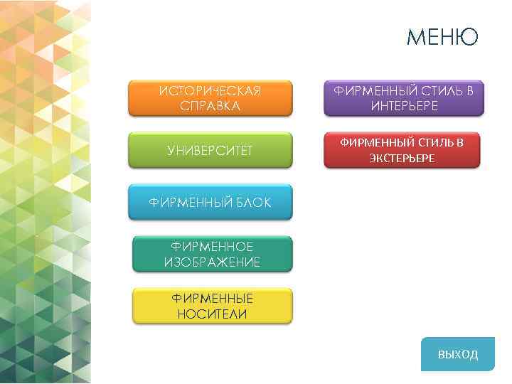МЕНЮ ИСТОРИЧЕСКАЯ СПРАВКА ФИРМЕННЫЙ СТИЛЬ В ИНТЕРЬЕРЕ УНИВЕРСИТЕТ ФИРМЕННЫЙ СТИЛЬ В ЭКСТЕРЬЕРЕ ФИРМЕННЫЙ БЛОК