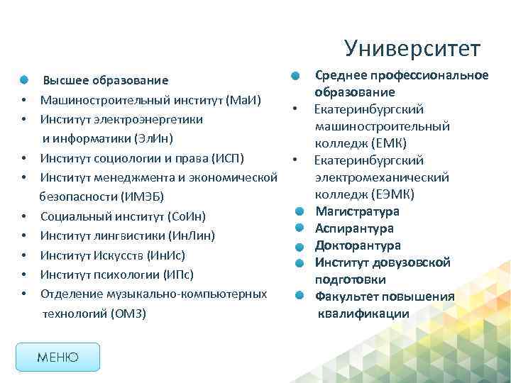 Университет Высшее образование • Машиностроительный институт (Ма. И) • Институт электроэнергетики и информатики (Эл.