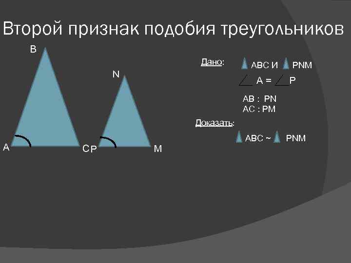 Второй признак подобия треугольников В Дано: N ABC И A= PNM P AB :