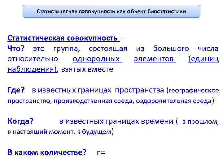 Статистическая совокупность как объект биостатистики Статистическая совокупность – Что? это группа, состоящая из большого