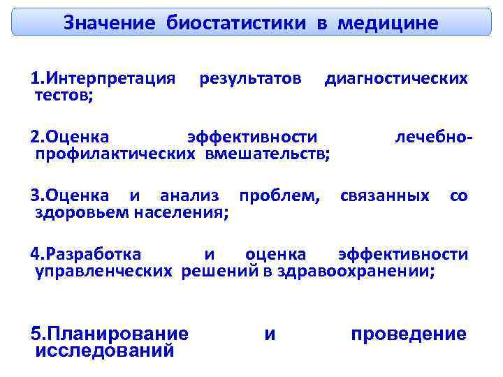 Значение биостатистики в медицине 1. Интерпретация результатов диагностических тестов; 2. Оценка эффективности профилактических вмешательств;