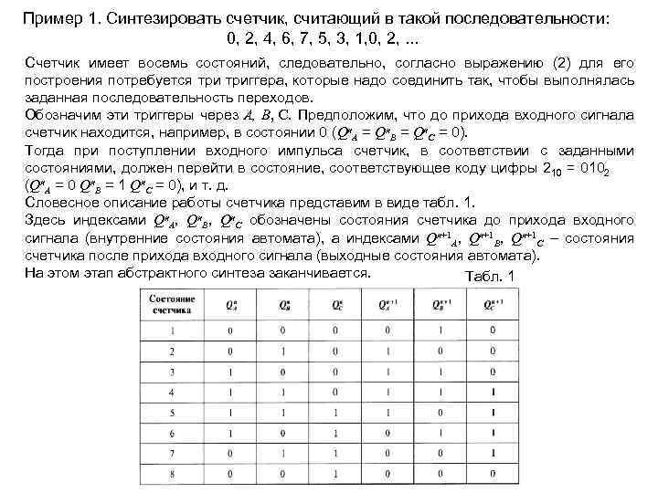 Пример 1. Синтезировать счетчик, считающий в такой последовательности: 0, 2, 4, 6, 7, 5,