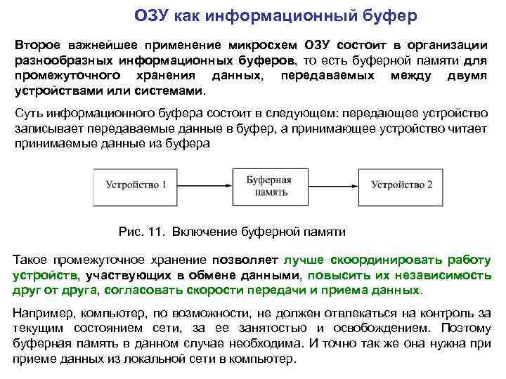 ОЗУ как информационный буфер Второе важнейшее применение микросхем ОЗУ состоит в организации разнообразных информационных