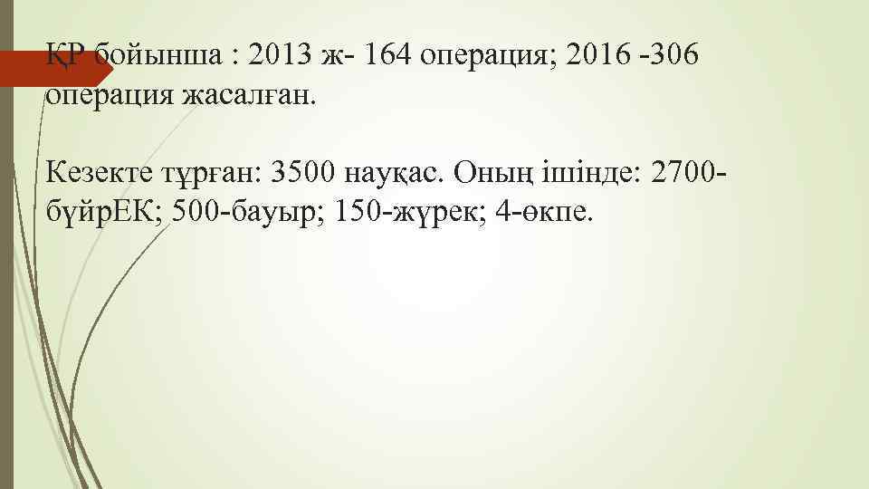 ҚР бойынша : 2013 ж- 164 операция; 2016 -306 операция жасалған. Кезекте тұрған: 3500