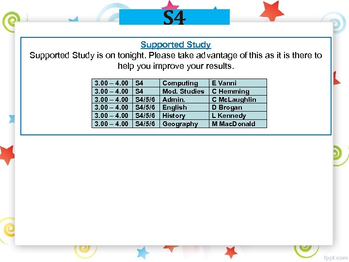 S 4 Supported Study is on tonight. Please take advantage of this as it