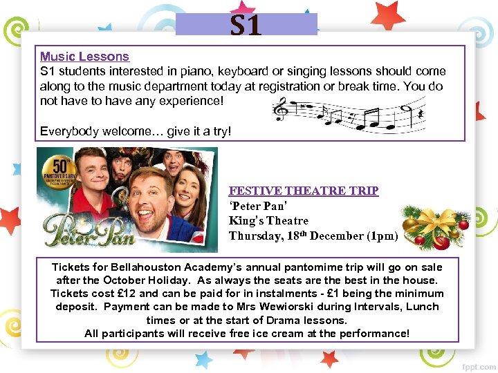 S 1 Music Lessons S 1 students interested in piano, keyboard or singing lessons