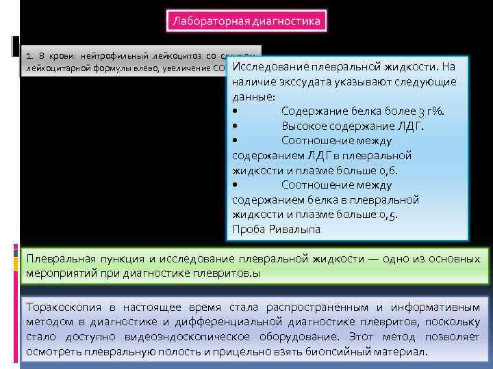 1. В крови: нейтрофильный лейкоцитоз со сдвигом лейкоцитарной формулы влево, увеличение СОЭ. Исследование плевральной